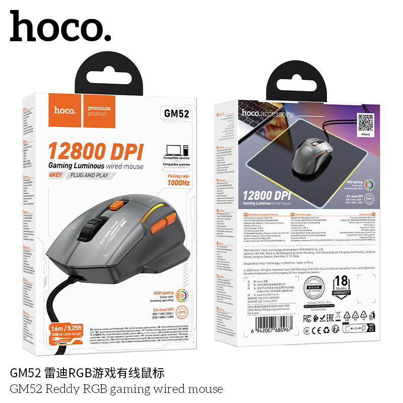 Chuột chơi game 6 NÚT có dây Hoco GM52 Reddy RGB 12800 DPI GAMING