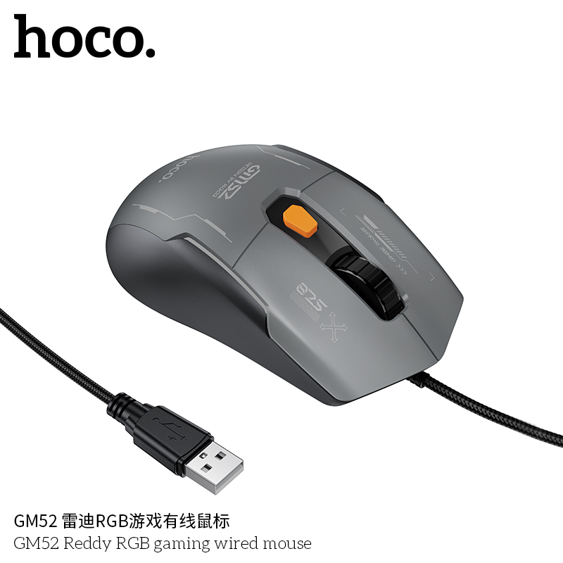 Chuột chơi game 6 NÚT có dây Hoco GM52 Reddy RGB 12800 DPI GAMING
