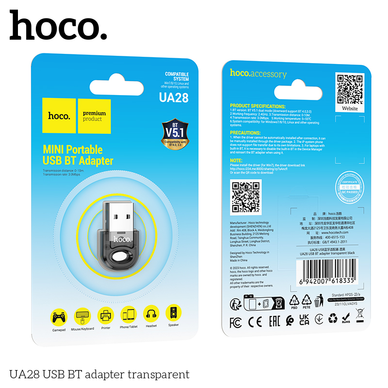 USB bluetooth cho máy tính PC Laptop Hoco UA28 không dây V5.1, hỗ trợ phát bluetooth cho loa, bàn phìm, máy tính, âm li có cổng USB