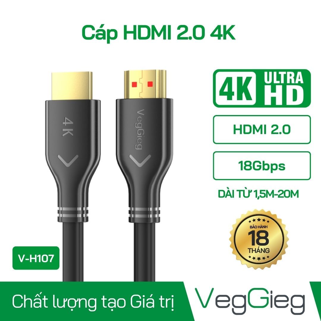 Cáp HDMI veggieg DÀI 1.5M 2.0 2K 4K 60Hz V-H107 chính hãng giá rẻ