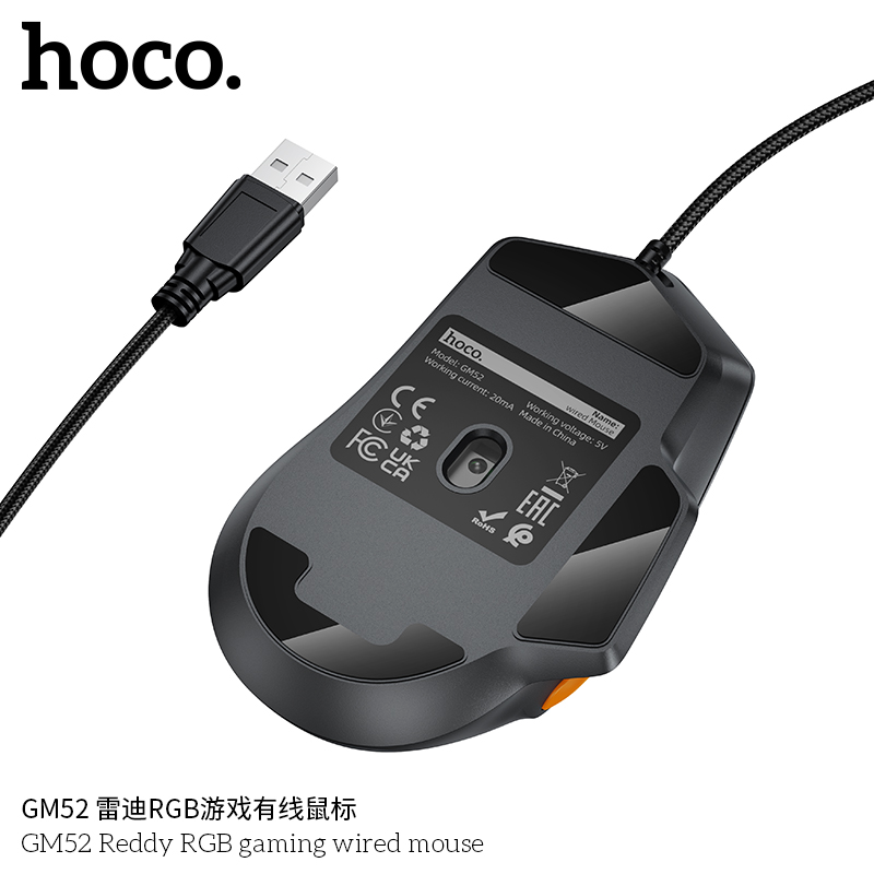 Chuột chơi game 6 NÚT có dây Hoco GM52 Reddy RGB 12800 DPI GAMING