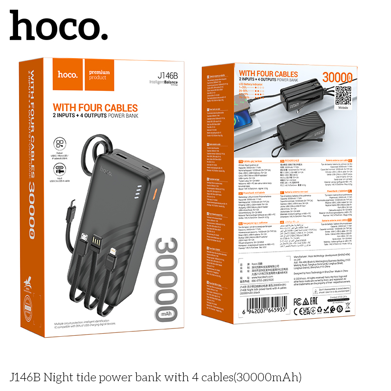 Sạc Dự Phòng Hoco J146B 4 Dây 30000mAh | Pin Dung Lượng Lớn | Sạc Nhanh Tiện Lợi | Vi Tính Hóc Môn