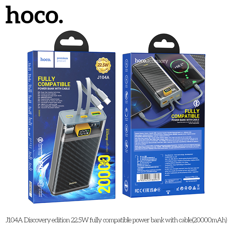 Pin dự phòng Hoco J104A 20000mAh QC3.0 22.5W | Sạc nhanh PD Type-C 20W | Kèm 2 cáp tiện lợi | Vi Tính Hóc Môn