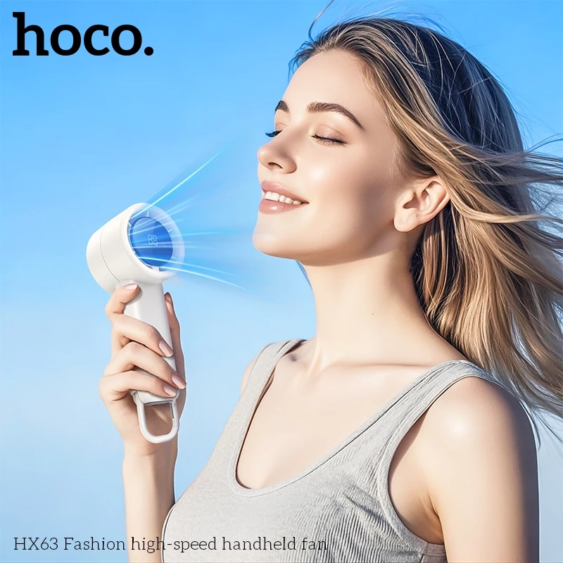Quạt cầm tay Hoco HX63 | Quạt mini 5 tốc độ | Màn hình LED hiện đại | Pin 2000mAh dùng lâu | Có móc treo tiện lợi | Quạt để bàn và cầm tay | Vi Tính Hóc Môn