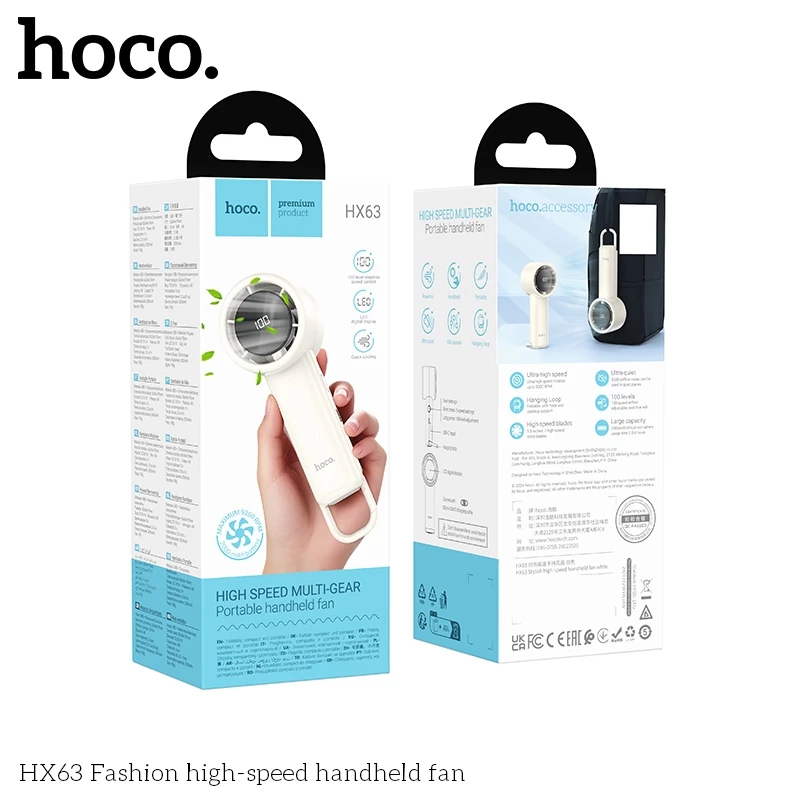 Quạt cầm tay Hoco HX63 | Quạt mini 5 tốc độ | Màn hình LED hiện đại | Pin 2000mAh dùng lâu | Có móc treo tiện lợi | Quạt để bàn và cầm tay | Vi Tính Hóc Môn