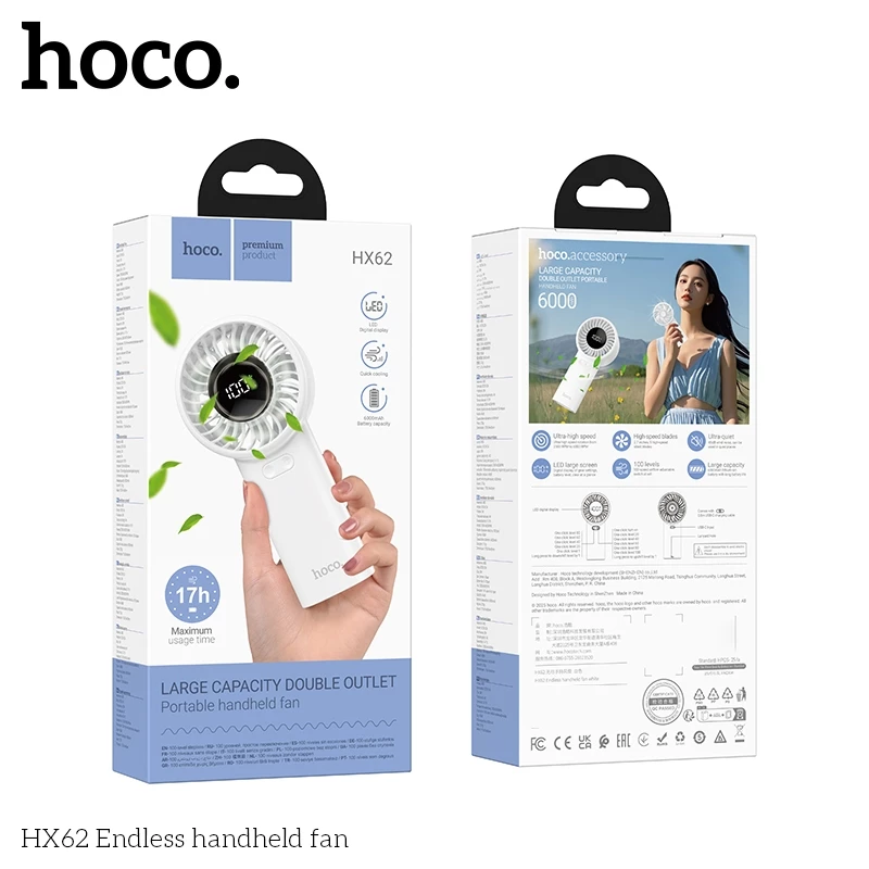 Quạt cầm tay Hoco HX62 | Pin sạc 6000mAh siêu bền | 5 tốc độ gió mạnh | Màn hình hiển thị sạc tiện lợi | Dùng 6–17 tiếng liên tục | Quạt mini cao cấp chính hãng | Vi Tính Hóc Môn
