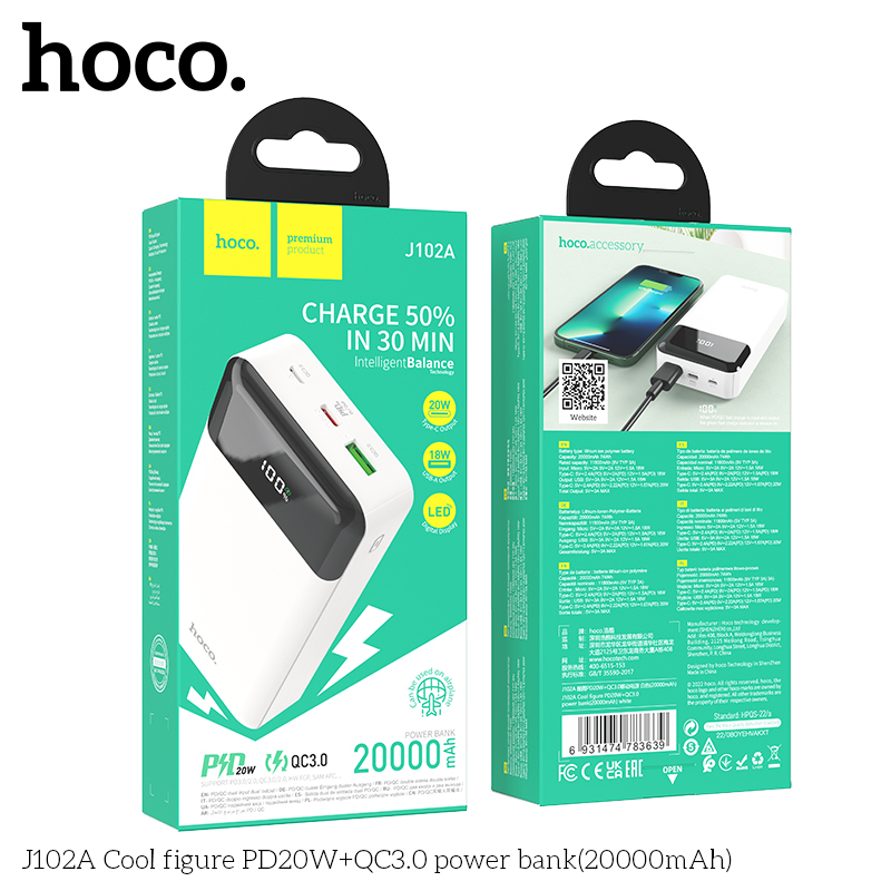 Pin Sạc Dự Phòng Hoco J102A  20000mAh - Sạc Nhanh 20W, Type-C In/Out Chính Hãng