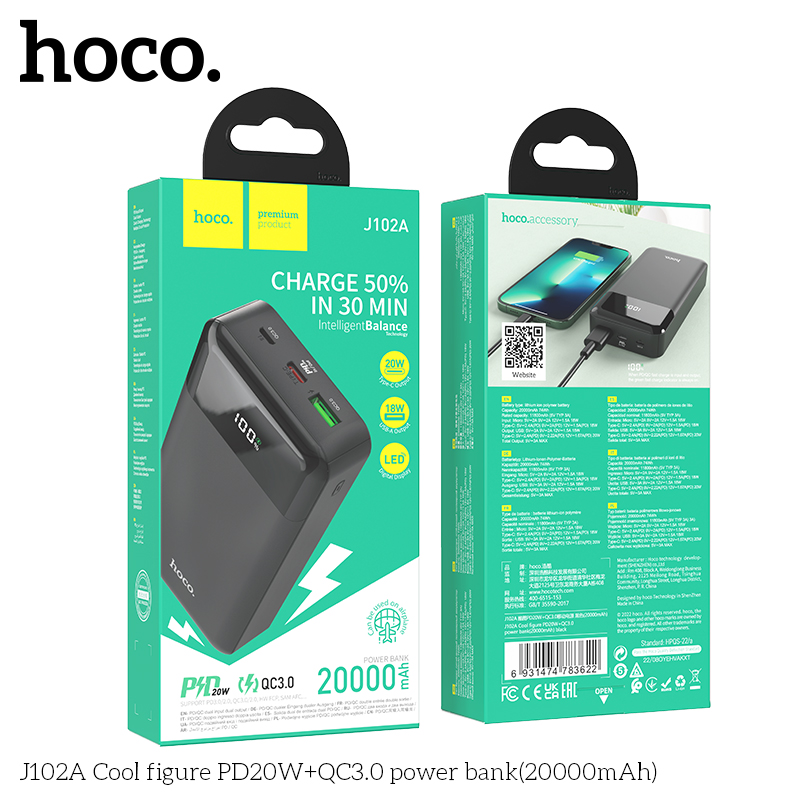 Pin Sạc Dự Phòng Hoco J102A  20000mAh - Sạc Nhanh 20W, Type-C In/Out Chính Hãng