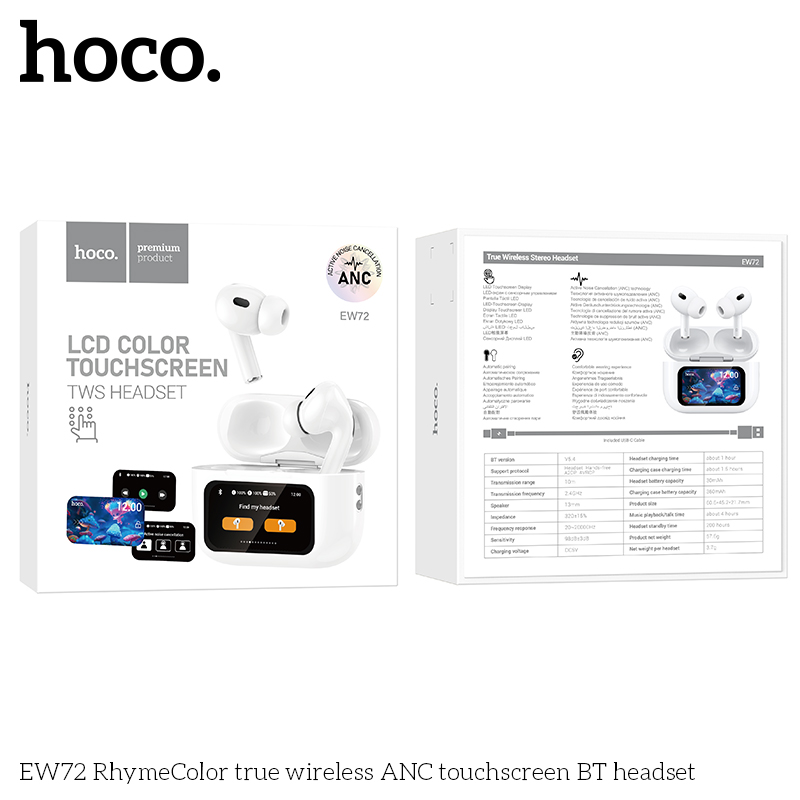 Tai nghe Hoco ew72 không dây chuẩn TWS ANC chống ồn xuyên âm bluetooth 5.4 màn hình cảm ứng