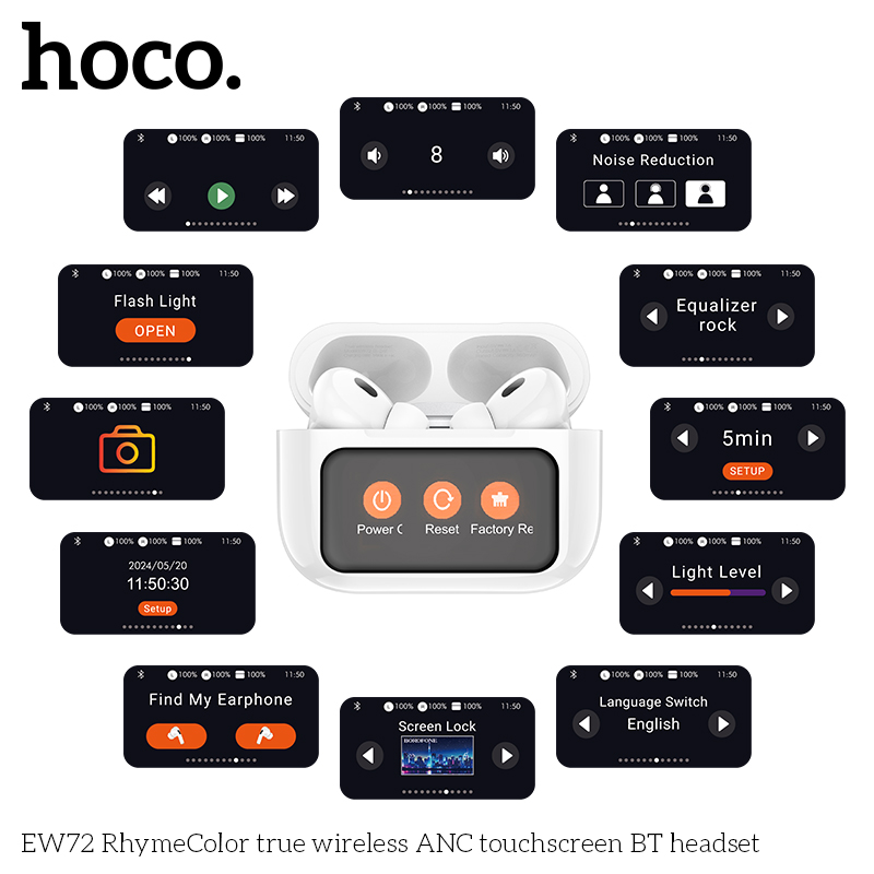 Tai nghe Hoco ew72 không dây chuẩn TWS ANC chống ồn xuyên âm bluetooth 5.4 màn hình cảm ứng