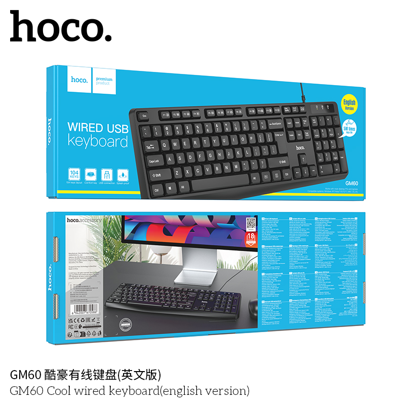 Bàn phím có dây Hoco GM60 Cool | Phiên bản tiếng Anh hiện đại | Bàn phím văn phòng & chơi game | Thiết kế sang trọng, bấm êm | Kết nối USB ổn định, độ bền cao | Phụ kiện máy tính chất lượng | Mua bàn phím chính hãng giá tốt | Vi Tính Hóc Môn