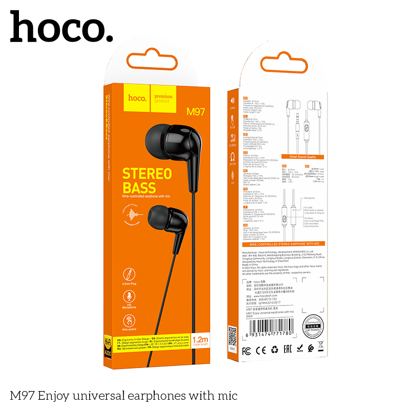 Tai nghe có dây Hoco M97 có mic đàm thoại | Âm thanh cực chuẩn | Jack cắm 3.5mm tương thích mọi thiết bị | Giá tốt | Vi Tính Hóc Môn