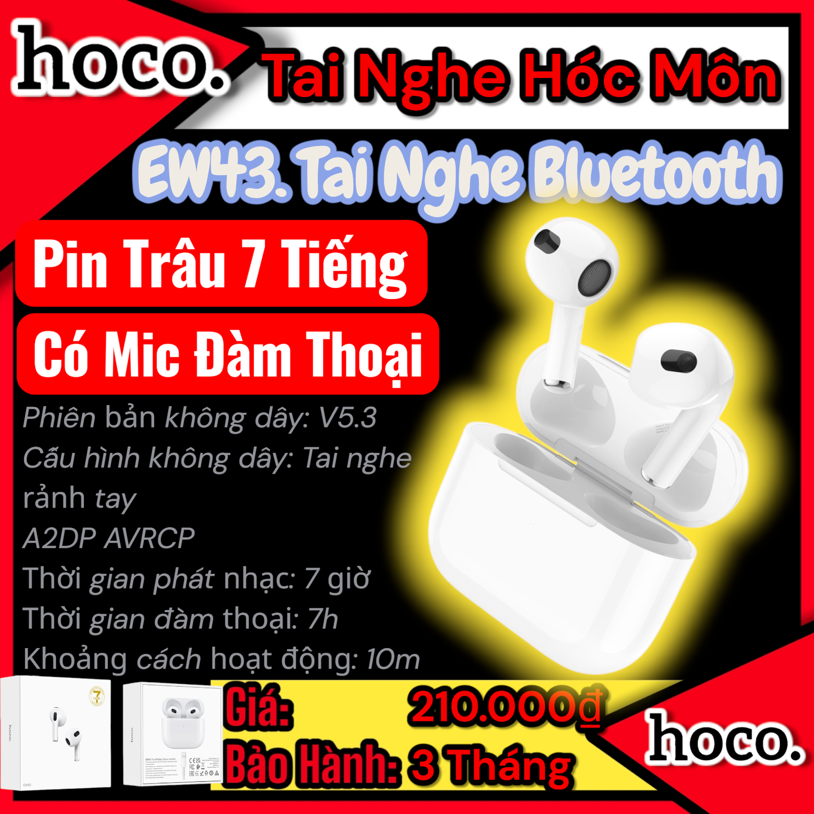 ( có Vat) Tai Nghe Bluetooth Hoco EW43 V5.3 | Cao Cấp 7H Nghe Nhạc | Tích Hợp Micro Đàm Thoại | Âm Thanh Sống Động | Tai Nghe Hóc Môn