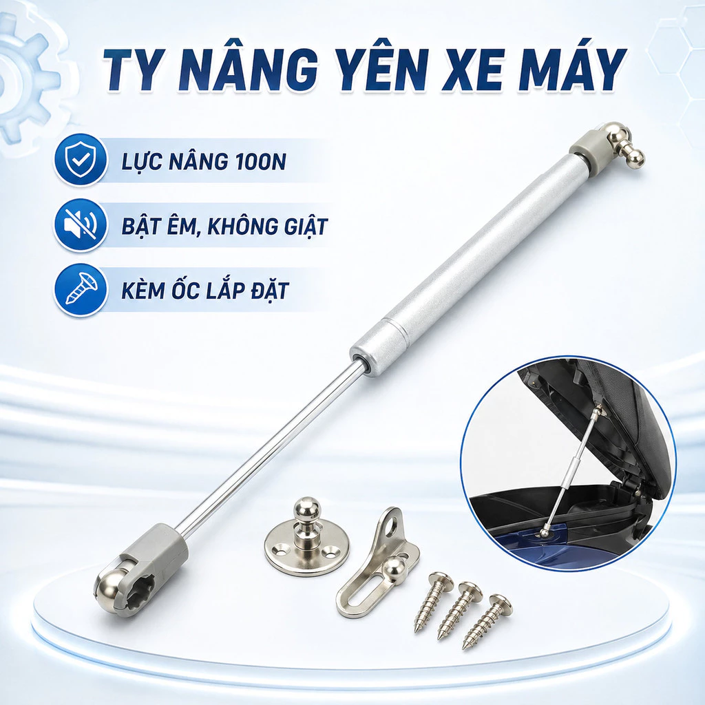 1 Cây Ben Hơi Trợ Lực Nâng Yên Xe Máy 100N Dài 27cm, Ty Xylanh Chống Cửa Tủ Kèm Pát Và Ốc Lắp