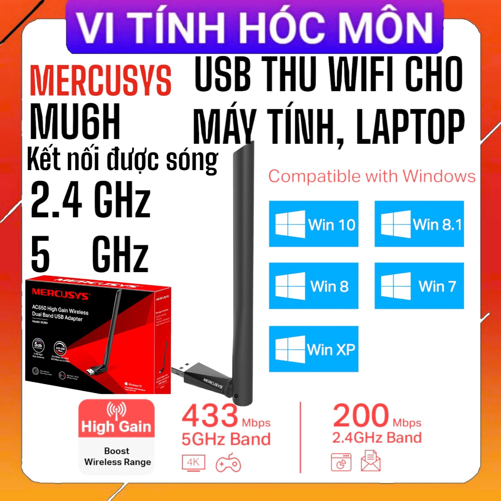 USB Wifi AC650 Mercusys MU6H kết nối sóng 2.4hz 5hz thu wifi cho máy tính, laptop MU6H