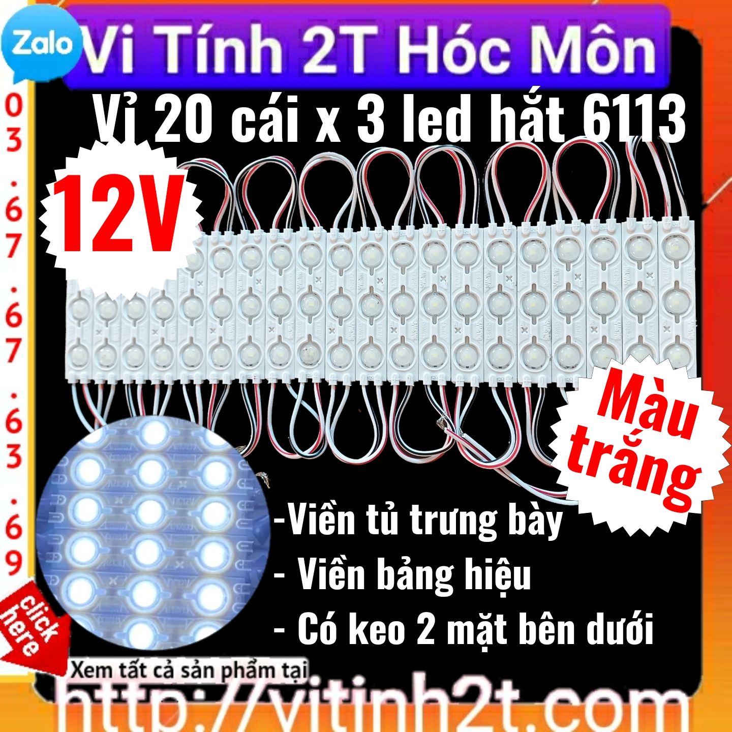 [Màu Trắng] Vỉ 20 cái x 3 led hắt 6113 siêu sáng 12V led choá