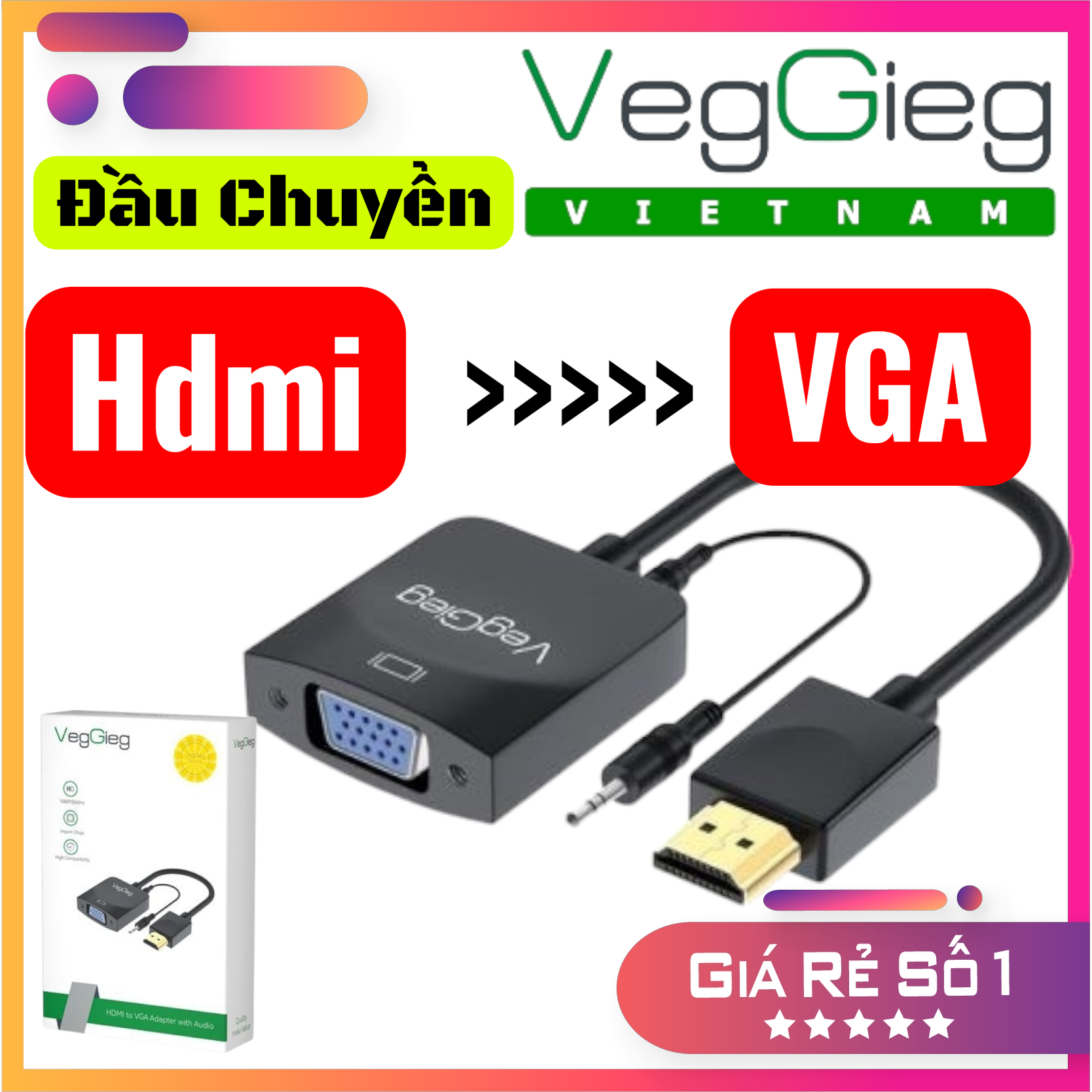 ( CÓ VAT) Cáp HDMI sang VGA VegGieg V-Z902 | Cáp chuyển HDMI to VGA có Audio | Bộ chuyển HDMI sang VGA Full HD 1080P | Cáp HDMI sang VGA cho PC Laptop | Cáp chuyển tín hiệu HDMI sang VGA | HDMI to VGA Adapter có âm thanh | Cáp HDMI sang VGA chính hãng | C