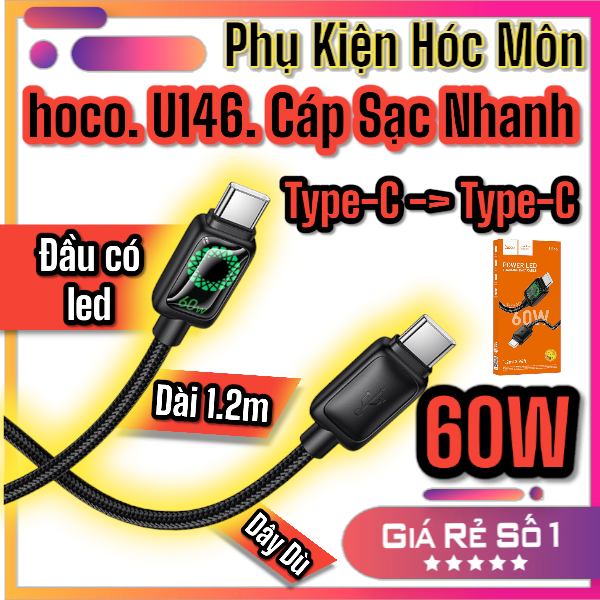 Cáp sạc dữ liệu Mundo 60W Hoco U146 C to C | Cáp sạc nhanh Type-C | Sạc truyền dữ liệu tốc độ cao | Cáp bọc nylon chống rối | Phụ kiện điện thoại Hoco chính hãng | Độ bền cao gấp 3 lần | Vi Tính Hóc Môn