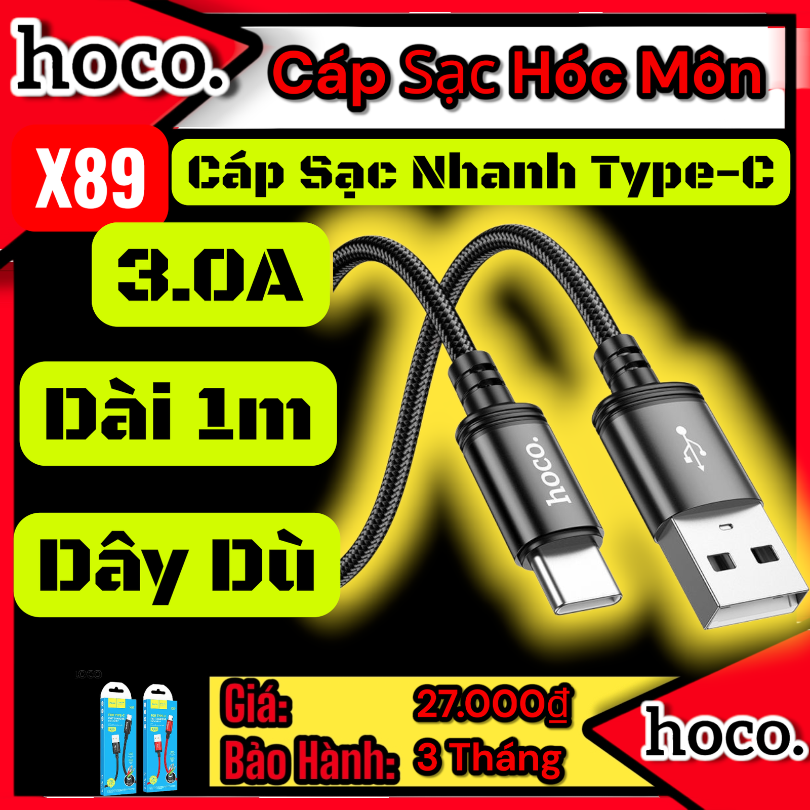 (có VAT) Cáp Sạc Hoco X89 USB – Type-C Chính Hãng | Sạc Nhanh Ổn Định | Truyền Dữ Liệu Tốt | Dây Bền Chống Đứt | Vi Tính Hóc Môn