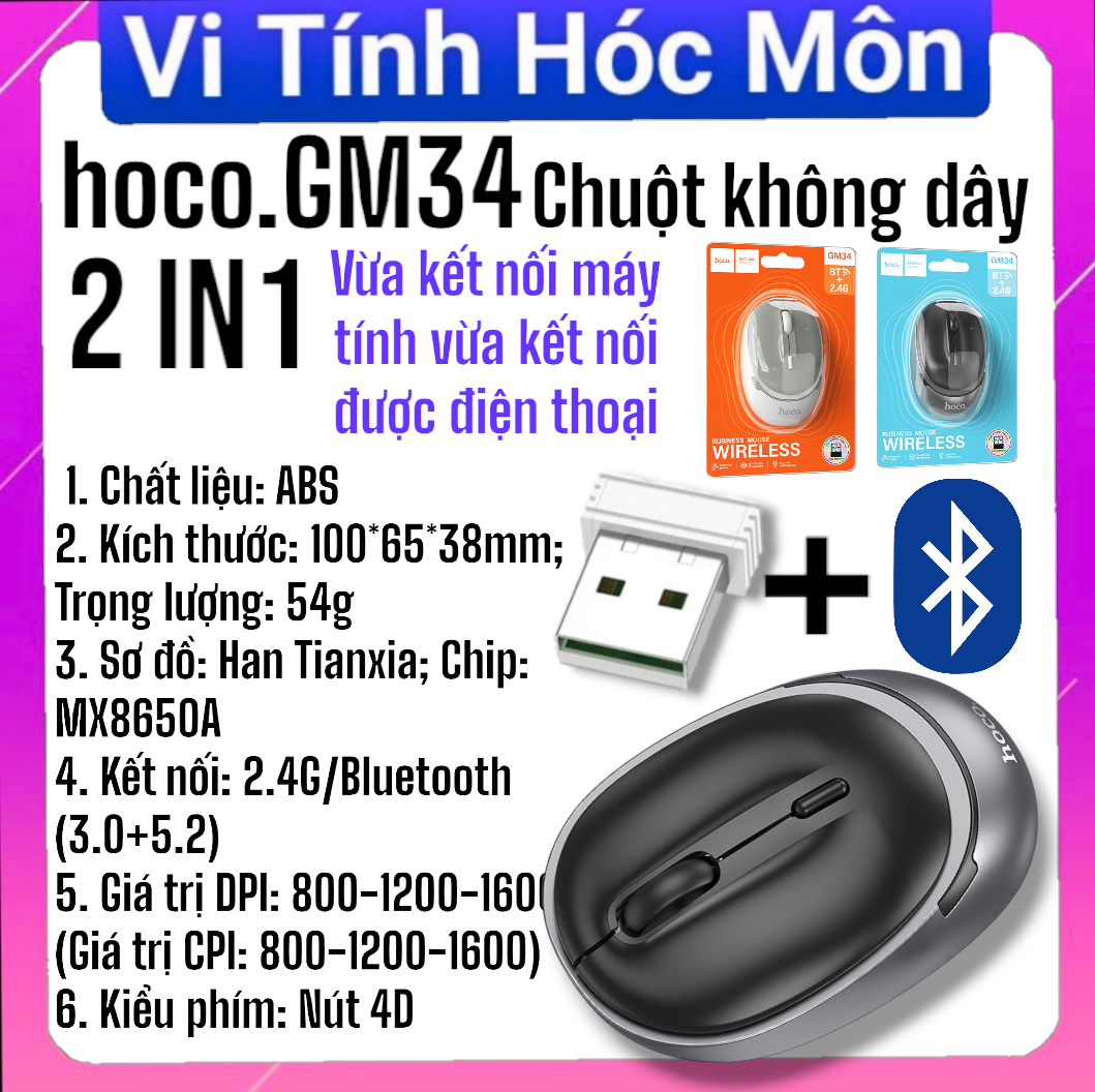 Chuột không dây Hoco Gm28 vừa wireless vừa bluetooth chế độ nút kép 4D