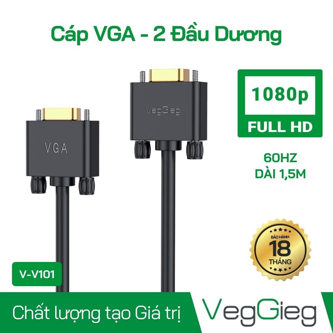 (CÓ VAT) Cáp VGA Veggieg 3+6 dài 1.5m 2 đầu dương V-V101 chính hãng giá rẻ | Dây VGA Veggieg 1.5m V-V101 kết nối PC màn hình ổn định | Cáp VGA 3+6 Veggieg V-V101 chống nhiễu truyền hình ảnh sắc nét | Dây VGA 2 đầu đực 1.5m Veggieg V-V101 chất lượng cao bề