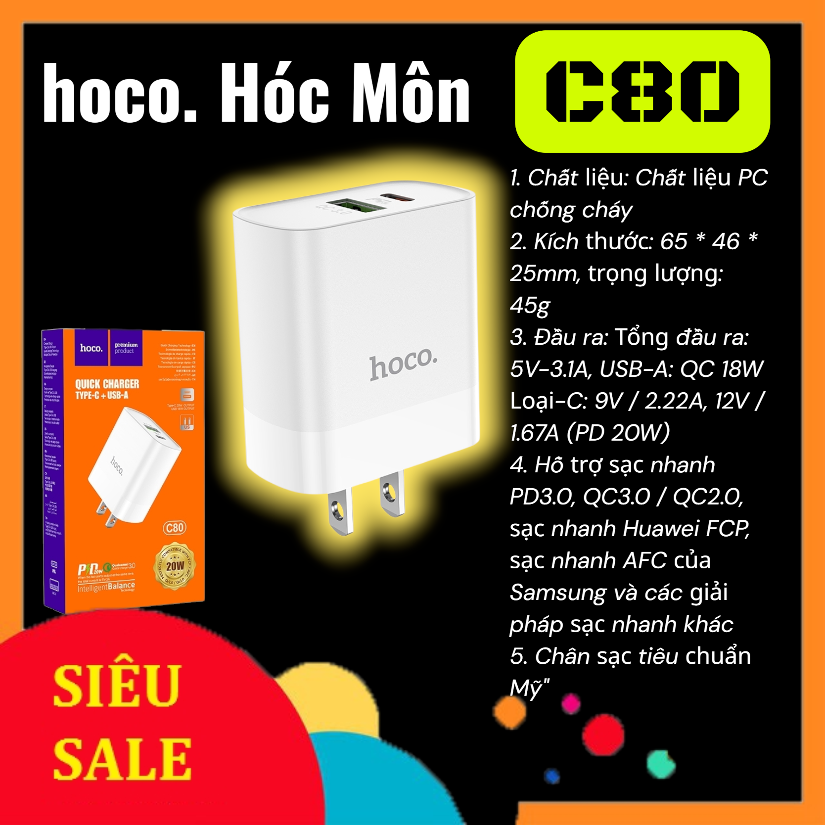 Cốc sạc nhanh Hoco C80 PD20W QC3.0 chính hãng | Sạc nhanh iPhone Samsung Xiaomi | Củ sạc USB-A Type-C | Sạc an toàn chống cháy | Giá rẻ Hóc Môn | Phụ kiện điện thoại cao cấp | Sạc nhanh đa chuẩn | Hỗ trợ PD3.0 QC3.0 | Nhỏ gọn tiện lợi | Bền bỉ lâu dài | B