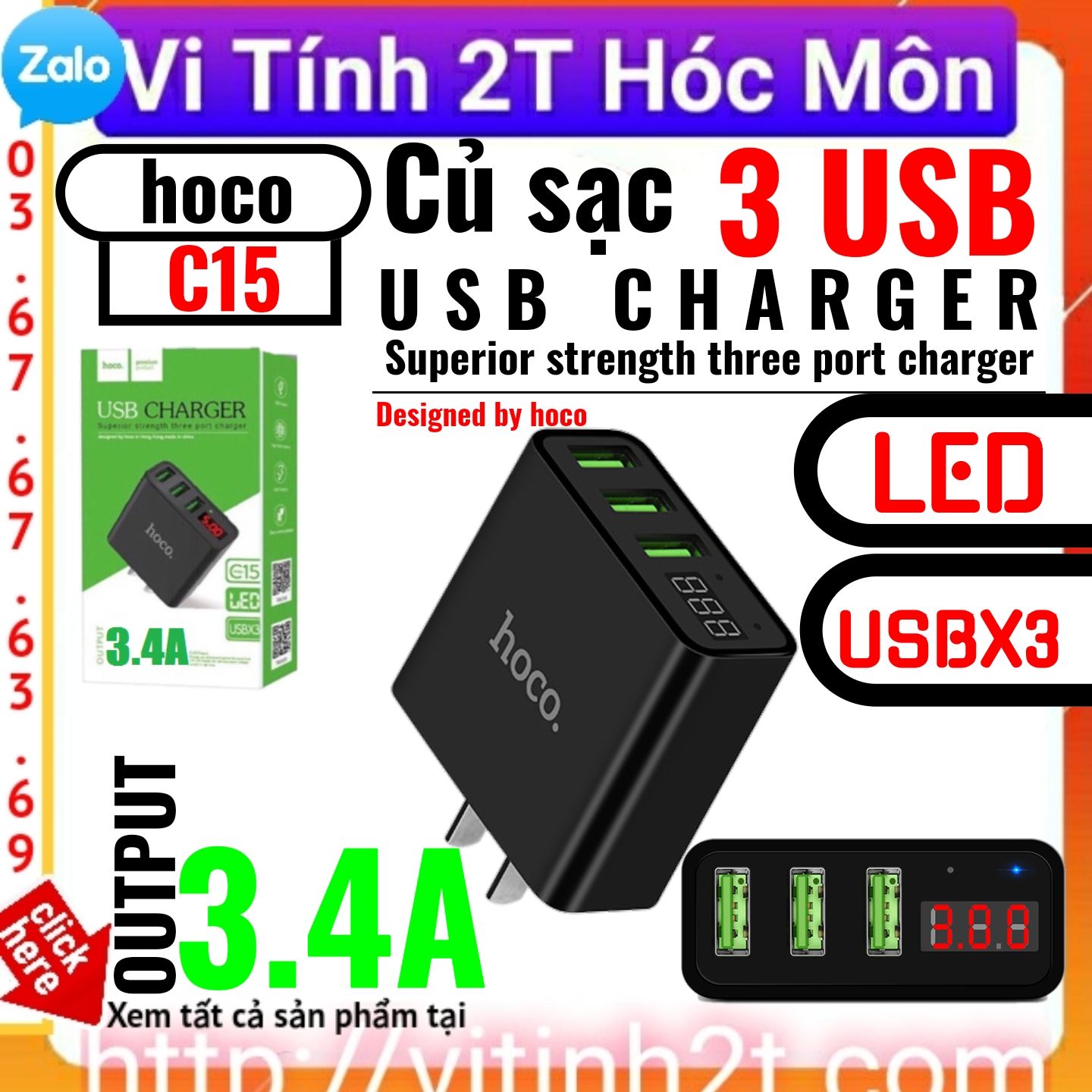 Củ sạc 3 cổng USB Hoco C15 có màn LED hiển thị đo dòng Hàng Chính Hãng