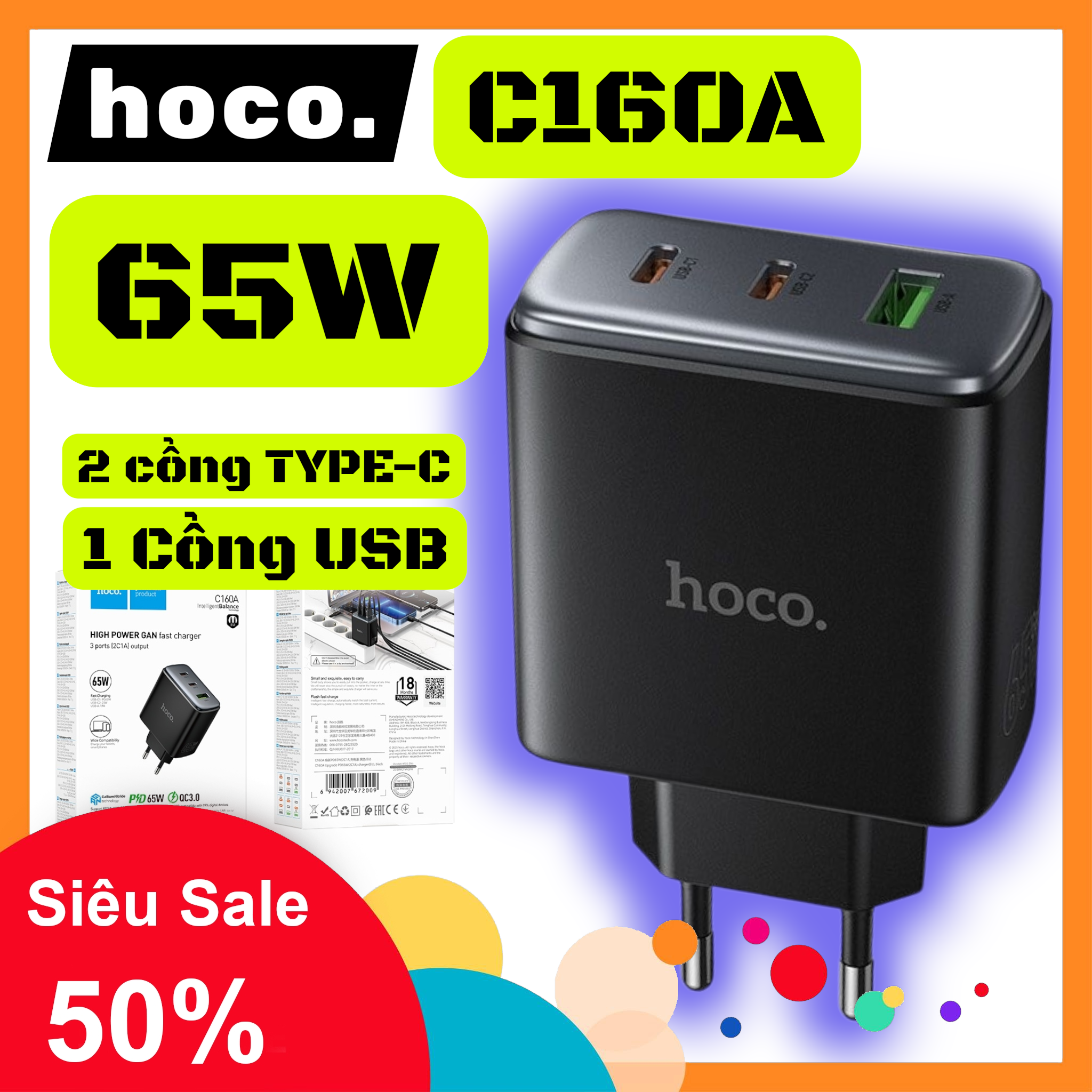 Củ Sạc Cốc sạc nhanh HOCO C160A có 2 cổng typeC + 1 cổng USB sạc nhanh PD60W + QC3.0