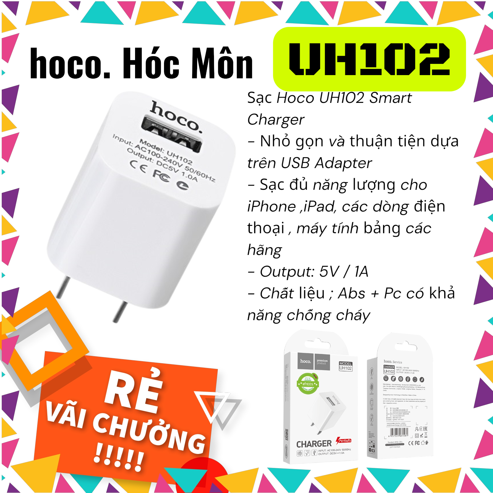 Củ Sạc Hoco UH102 1A – Sạc Nhanh 5V An Toàn Cho iPhone, iPad 2026 | Vi Tính Hóc Môn