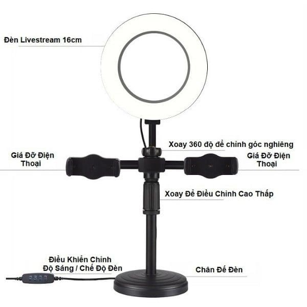 Đèn LiveStream 3 Trong 1 Kèm Giá Đỡ 2 Điện Thoại m16