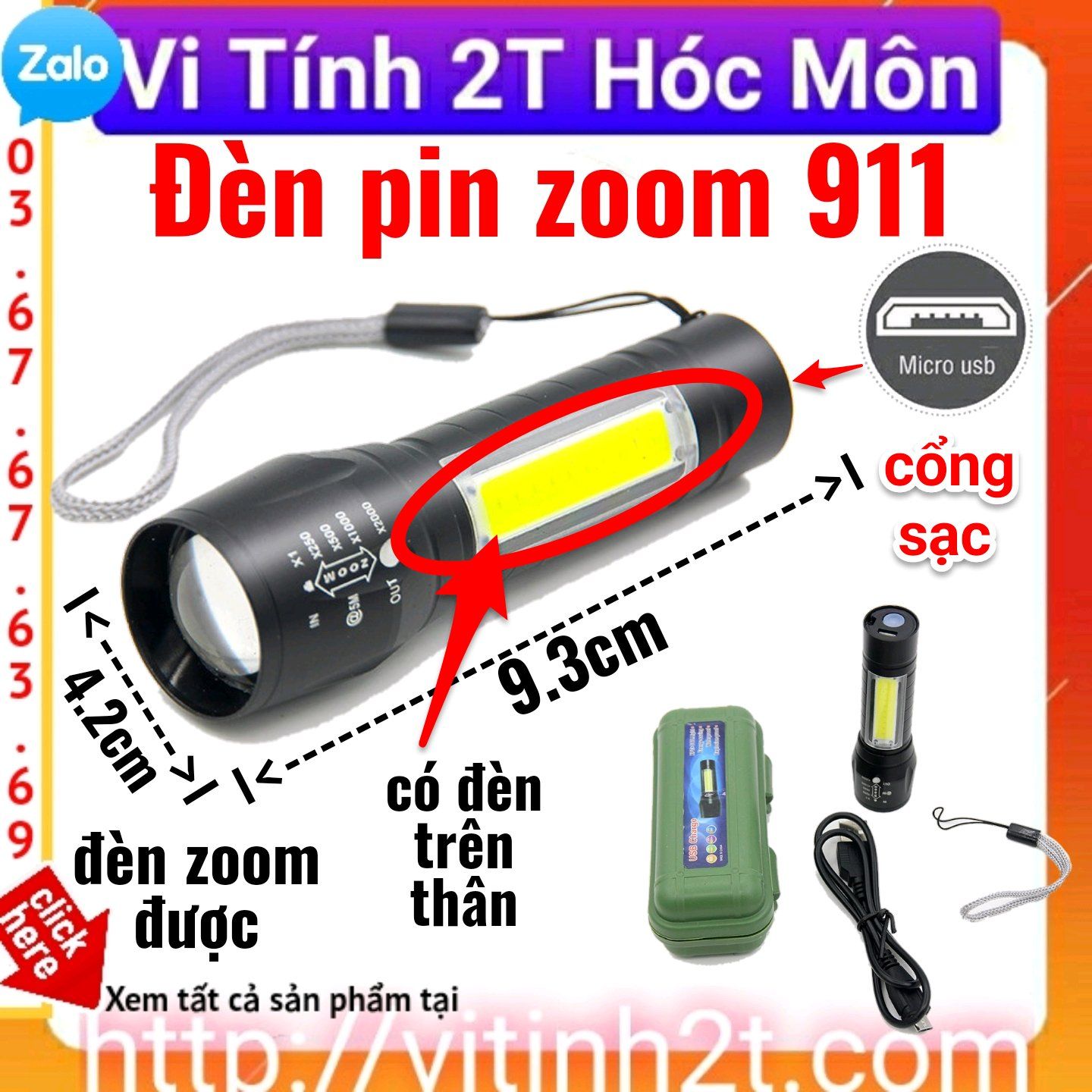 Đèn pin mini zoom 911 cầm tay pin sạc cổng micro usb nhỏ gọn COB