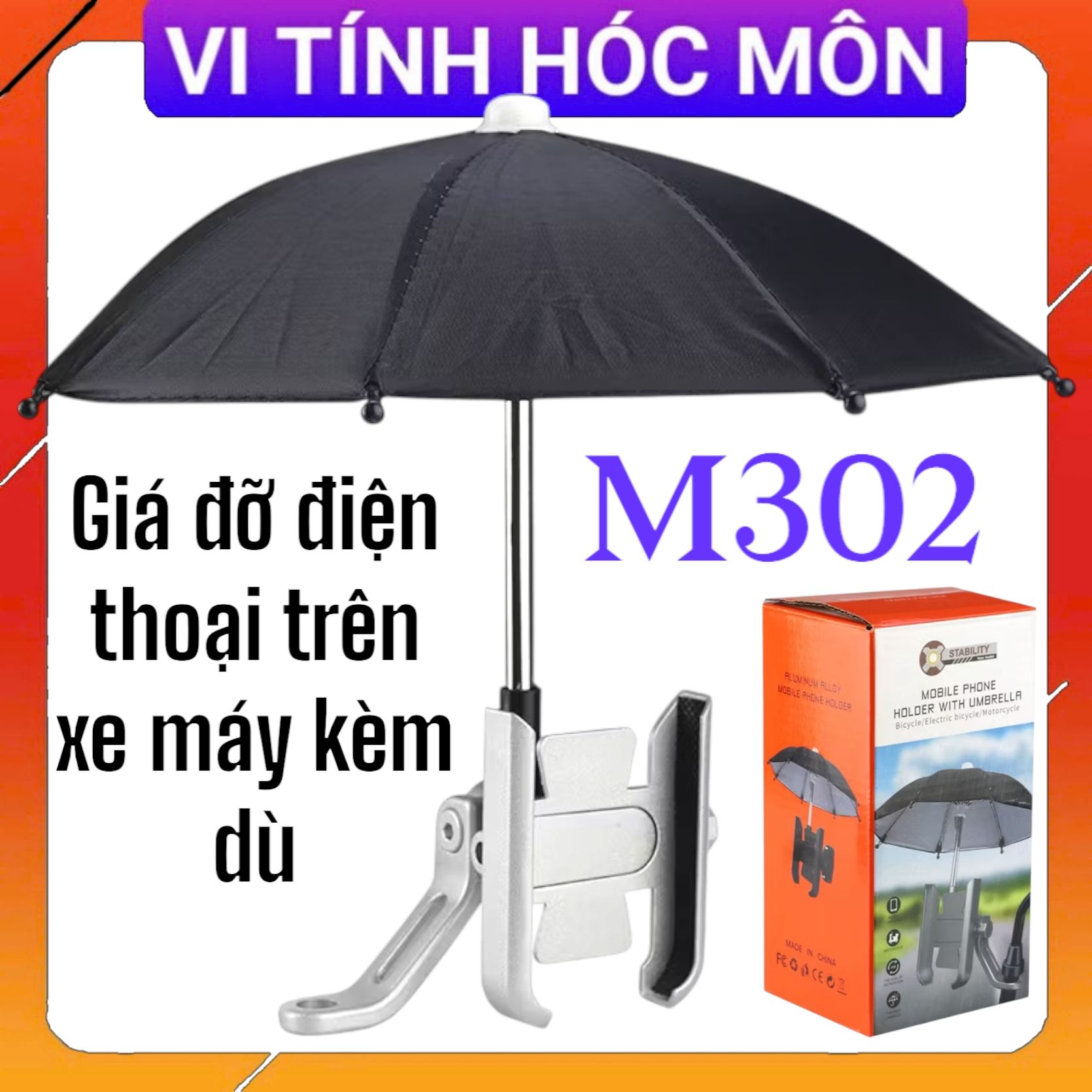 Giá Đỡ Kẹp Điện Thoại Kim Loại Gắn Xe Máy M302 Có Ô Dù Che Nắng Mưa, Chống Cướp