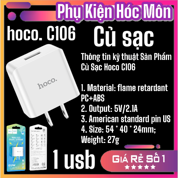 Củ Sạc Hoco C106 2.4A 10.5W | Sạc Nhanh 1 Cổng USB | Mini Size Du Lịch | Vi Tính Hóc Môn