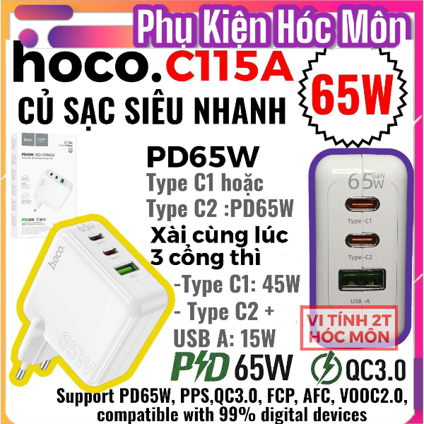 Hoco c115A củ sạc siêu nhanh 65W PD65W 2 typec 1 usb