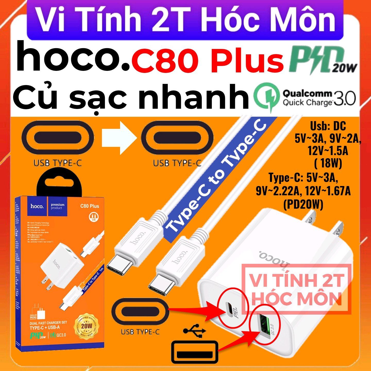 Hoco c80 plus (Type-C to Type-C) Bộ sạc Hoco C80 PLUS sạc nhanh PD20W+QC3 1 cổng USB và 1 cổng TypeC chân dẹt, kèm dây cáp dài 1m