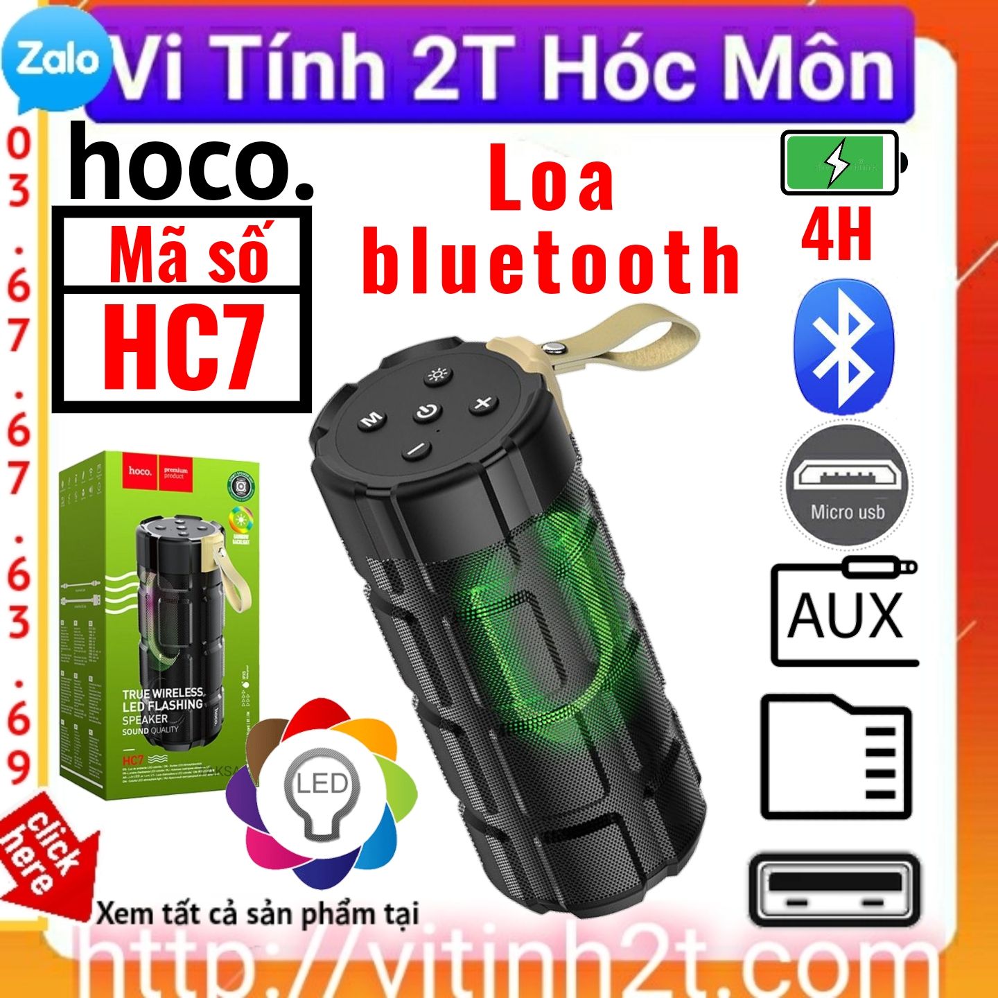 Loa Bluetooth HC7 Hỗ Trợ BLT - V5.0 - TF-AUX 3.5 - Có Móc Treo-Đèn Led Hầm Hố Bass Căng