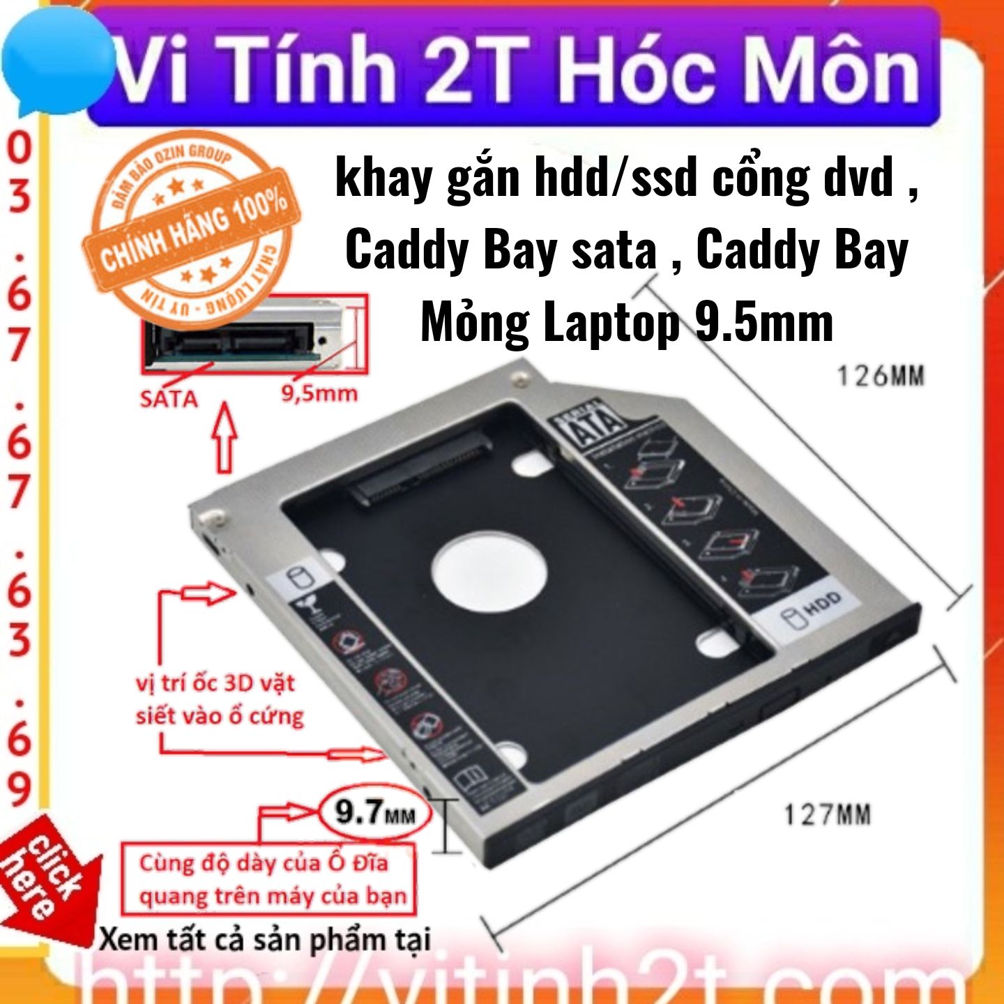 [loại mỏng 9.5mm] khay gắn hdd/ssd cổng dvd , Caddy Bay sata , Caddy Bay Mỏng Laptop 9.5mm