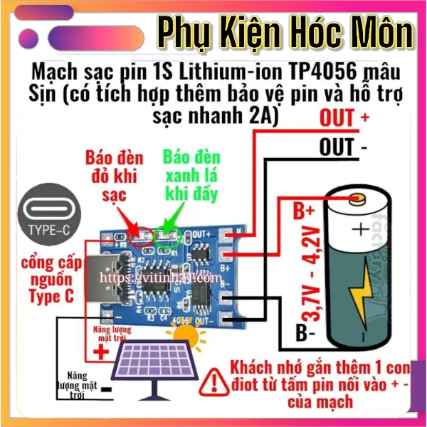 Mạch sạc pin 1S Lithium-ion TP4056 mẫu Sịn (có tích hợp thêm bảo vệ pin và hỗ trợ sạc nhanh 2A) cổng type C