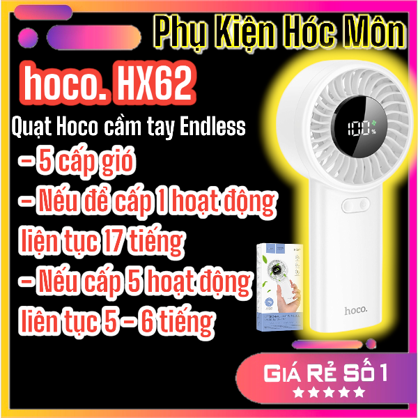 Quạt cầm tay Hoco HX62 | Pin sạc 6000mAh siêu bền | 5 tốc độ gió mạnh | Màn hình hiển thị sạc tiện lợi | Dùng 6–17 tiếng liên tục | Quạt mini cao cấp chính hãng | Vi Tính Hóc Môn