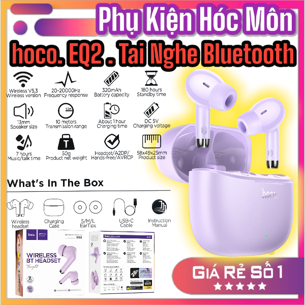 Tai Nghe Bluetooth Hoco EQ2 | Nhét Tai Không Dây | Có Mic Đàm Thoại | Pin 7 Giờ Nghe Nhạc | Âm Thanh Chuẩn Hifi | Vi Tính Hóc Môn