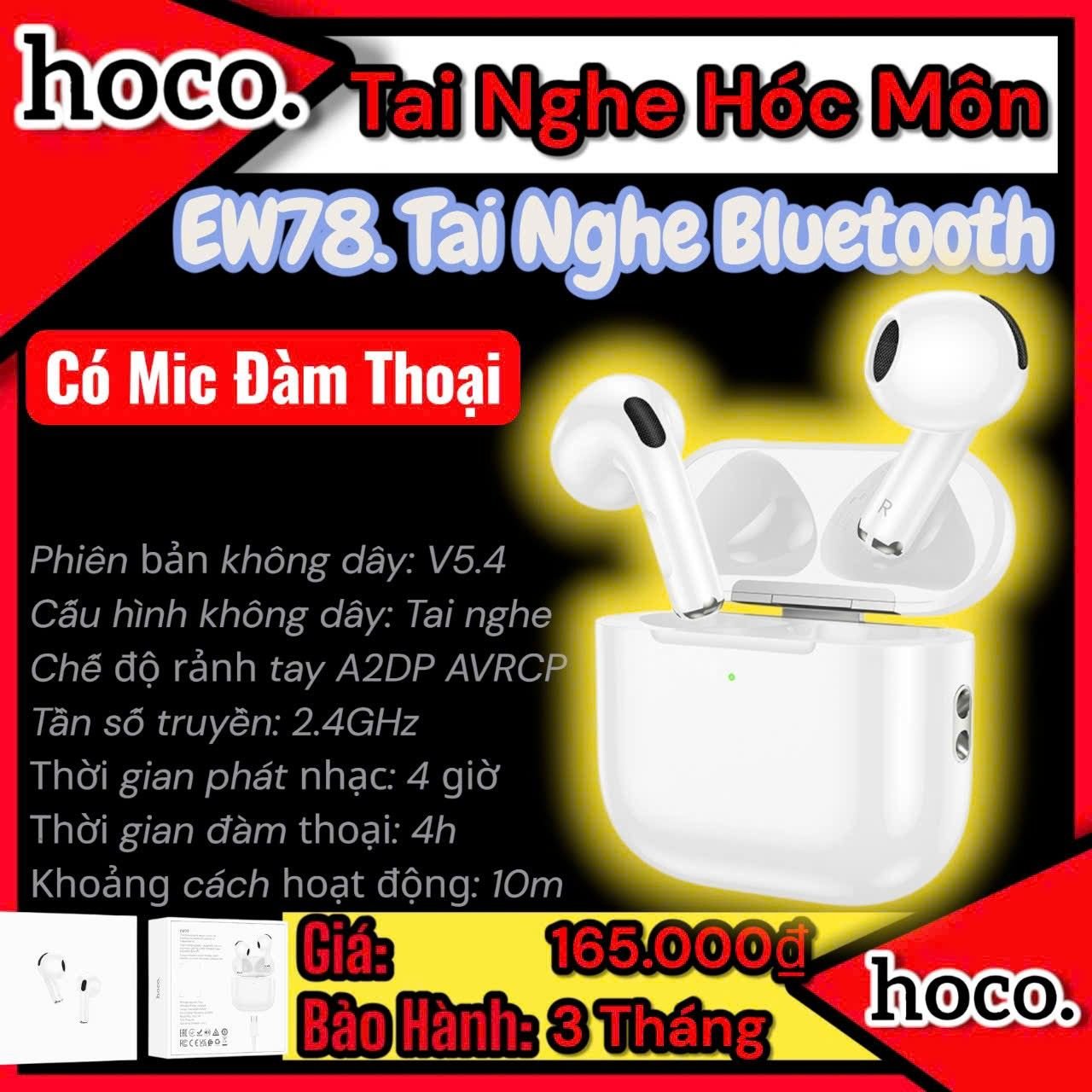 (có Vat) Tai nghe Bluetooth Hoco EW78 Chính Hãng | Chuẩn Bluetooth 5.4 | Kết nối ổn định nhanh chóng | Âm thanh sống động chân thực | Thiết kế nhỏ gọn tiện lợi | Pin bền sạc nhanh | Giá rẻ chính hãng | Tai Nghe Hóc Môn