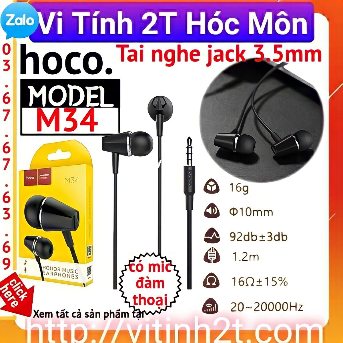 Tai nghe Hoco M34 - hàng chính hãng có mic đàm thoại