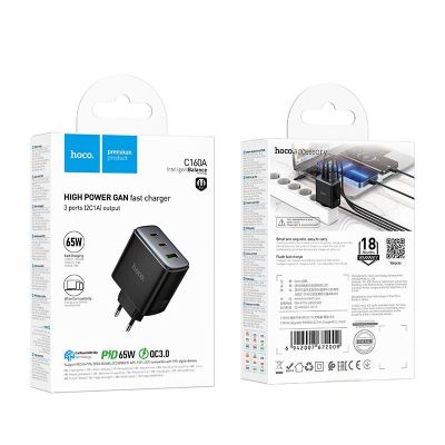 Củ Sạc Cốc sạc nhanh HOCO C160A có 2 cổng typeC + 1 cổng USB sạc nhanh PD60W + QC3.0