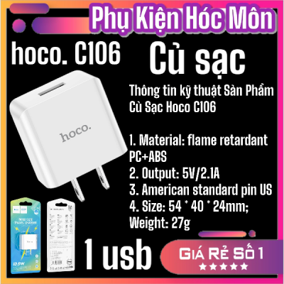 Củ Sạc Hoco C106 2.4A 10.5W | Sạc Nhanh 1 Cổng USB | Mini Size Du Lịch | Vi Tính Hóc Môn