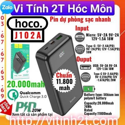 Pin Sạc Dự Phòng Hoco J102A  20000mAh - Sạc Nhanh 20W, Type-C In/Out Chính Hãng