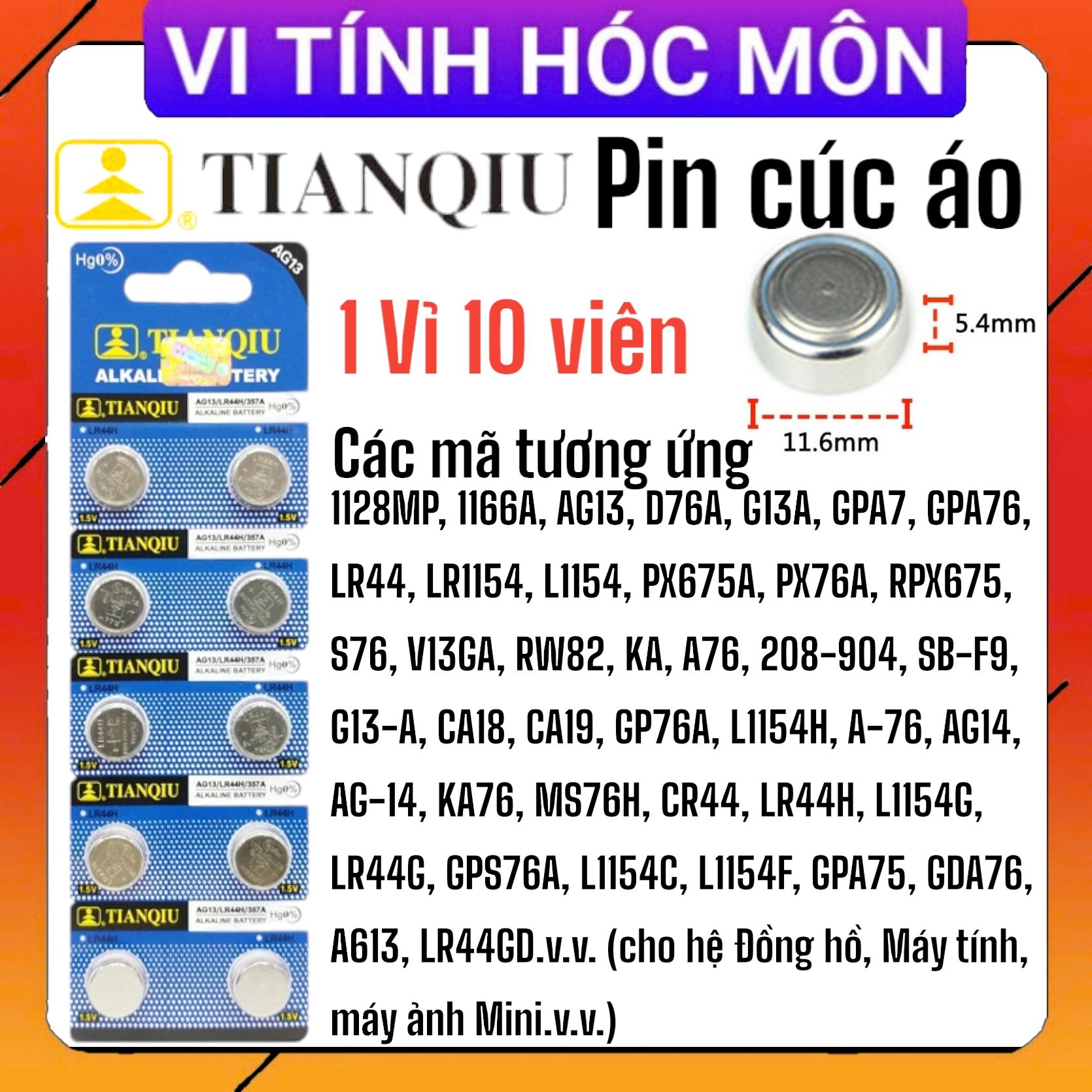 Vỉ 10 Pin cúc áo PIN AG13 1128MP 1166A D76A G13A GPA7 GPA76 LR44 LR1154 Tianqiu 1.5V - 1 vỉ 10 viên